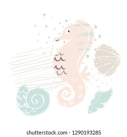 Seahorse baby cute print. Sweet sea animal. Cool ocean animal illustration for nursery t-shirt, kids apparel, party and baby shower invitation. Simple child design. Summer time