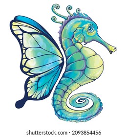Seahorse with butterfly wings. Vector illustration on white background.