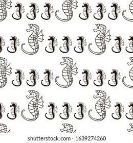 Seahorse cartoon seamless pattern. Black and white line Sea Horse. Cute baby seahorses