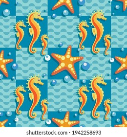 Seahorse cartoon, starfish. Sea wave and air bubbles. Marine checkered background. Seamless pattern.