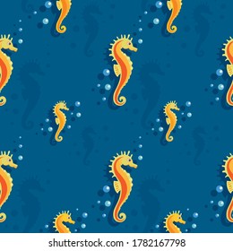 Seahorse cartoon. Vector pattern with silhouette seahorse and air bubbles. Seamless background, template.