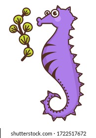 Seahorse character with face and seaweed. Marine wildlife animal creature dwelling underwater. Aquatic personage, swimming species for aquarium. Sea or ocean flora and fauna vector in flat style