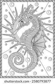 Seahorse coloring page for adult outline vector