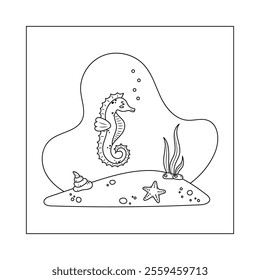 seahorse Contour Coloring book. Character in children's style. Isolated vector illustration.