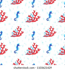 Seahorse and coral reef. Bright and colorful seamless pattern of sea fauna. Childish cartoon ocean creatures. 