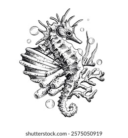 Seahorse, coral, sea sponge, algae and bubbles. Hand drawn graphic illustration in black and white color line art. Sublimation arrangement on marine theme