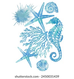 seahorse, coral, starfish, mussel watercolor design