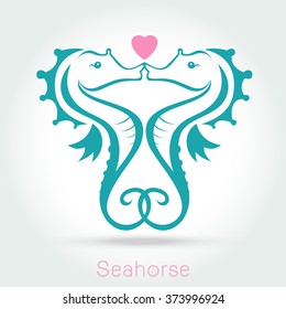 seahorse couple kissing and make a love sign on white background Vector illustration