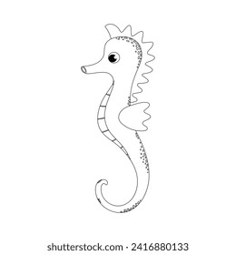 Seahorse. Cute cartoon inhabitant of the sea. Hippocampus. Vector. Black and white. Isolated on white background. Coloring.
 
