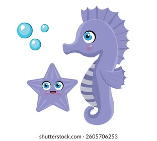 seahorse in cute cartoon style, vector illustration.