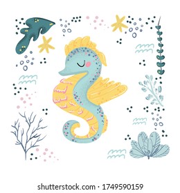 Seahorse cute doodle hand drawn flat vector illustration. Wild sea marine animal vector, poster floral background. Grass branches with leaves, flowers and spots design element. Sea, ocean, marine