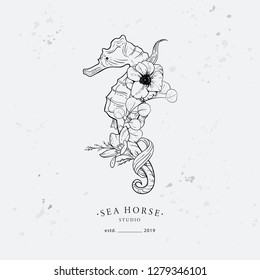 Seahorse entwined with flowers and algae. Marine logo concept on grunge background. Hand drawn vector illustration.