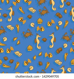 Seahorse, fish, crab and seashell cute seamless pattern.