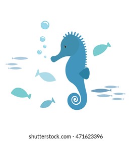 Seahorse and fishes, isolated on white background. Kiddy style illustration. Vector.