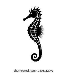 Seahorse graphic icon. Sea life symbol. Black silhouette seahorse isolated on white background. Seahorse high detailed sign. Tattoo. Vector illustratio