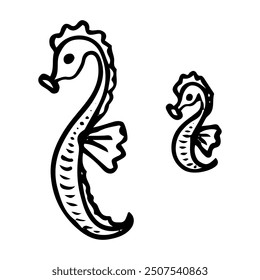 Seahorse hand drawn doodle. Animal living in the sea. Small fish. Inhabitant of the coral reef. Diving in water. Vector sketch line art illustration.