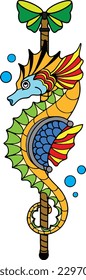 Seahorse hand drawn sketch tattoo design, Cartoon drawing of a sea horse in a multitude of colors, cute ocean animal