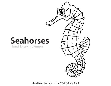 Seahorse hand drawn vector editable black outline, simple, ocean, animal, coloring page