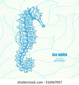 Seahorse. Hand drawn vector illustration on wave texture