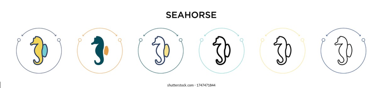 Seahorse icon in filled, thin line, outline and stroke style. Vector illustration of two colored and black seahorse vector icons designs can be used for mobile, ui, web