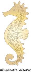Seahorse illustration in gold with stars and swirl details