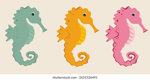Seahorse illustration set. Multicolored pictures with sea animals. Seahorse stickers for backgrounds. stickers. screensavers, icons, children's illustrations