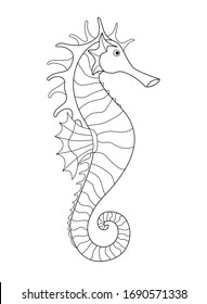 Seahorse - an inhabitant of the ocean - vector linear picture for coloring. Fish seahorse - underwater life for a coloring book. Outline. Hand drawing.