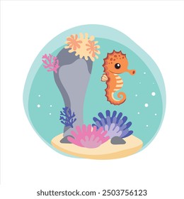 seahorse. Isolated octopus on a white background, sea bottom. Color illustration in the style of cartoon. Sea bottom with algae, shells and corals