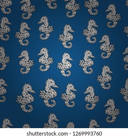 Seahorse isolated on blue, black and white background. Clip Art. Illustration. Picture. Suitable for fabric, packaging. Vector. Watercolor. In simple style. Cute girly seamless pattern drawn by hand.