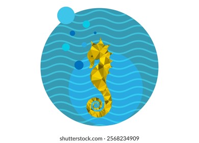 Seahorse Isolated Polygonal Low Poly Logo. Hippocampus Guttulatus Symbol creative circles vector illustration, blue triangle icon, sea ​waves underwater inspiration, white background