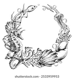 Seahorse with jellyfish, fish, corals, seaweed, shells, corals and starfish. Hand drawn graphic illustration in black and white color line art. Frame wreath template on a sea theme