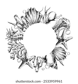 Seahorse with jellyfish, fish, corals, seaweed, shells, corals and starfish. Hand drawn graphic illustration in black and white color line art. Frame wreath template on a sea theme