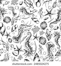 Seahorse and jellyfish with shells, corals, fish, algae and bubbles. Marine illustration of the underwater world hand drawn in black ink graphically. Vector seamless pattern in EPS