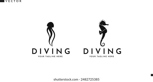 Seahorse and jellyfish sign. Scuba diving logo. Isolated animals on white background. Cute animal vector