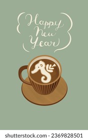 Seahorse latte art illustration New Year's card