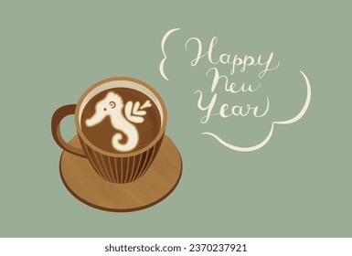Seahorse latte art illustration New Year's card