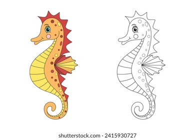 Seahorse line and color illustration. Cartoon vector illustration for coloring book.