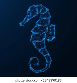 Seahorse. Low-poly design of interconnected lines and dots. Blue background.