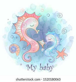 Seahorse mom and baby. Baby shower. Watercolor. Vector.