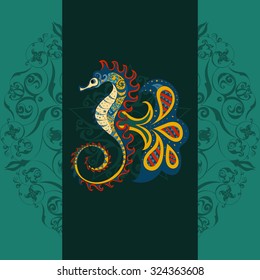 Seahorse in ocean, isolated marine animals squid, cartoon monster swimming underwater vector illustration in tribal or boho style