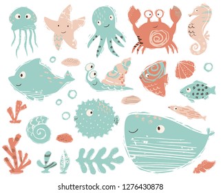 Seahorse, octopus, crab, snail, fugue fish, starfish, whale, dolphin, jellyfish baby cute illustration. Sweet sea animals. Cool ocean illustration for nursery t-shirt, kids apparel, child design.