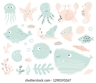 Seahorse, octopus, crab, snail, fugue fish, starfish, whale, dolphin, jellyfish baby cute illustration. Sweet sea animals. Cool ocean illustration for nursery t-shirt, kids apparel, child design.