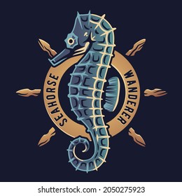Seahorse and old helm for voyage. Nautical vintage wheel and sea horse for sticker and sea print. Ocean design for wanderlust and adventure, explore
