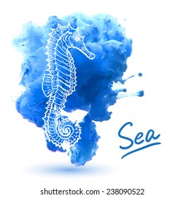 Seahorse on a watercolor background. Original hand drawn illustration