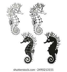 Seahorse. Outline and silhouettes, vector hand drawn illustration.  Four different options isolated elements.  Excellent for the design of invitations, cards, menu decoration,  printing, logo, clipart