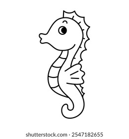 Seahorse Outline Vector Illustration. This image depicts a black and white vector illustration of a seahorse. The seahorse has a cartoonish and friendly appearance with a rounded head.