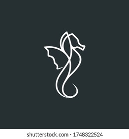 Seahorse outline vector logo , white in black background