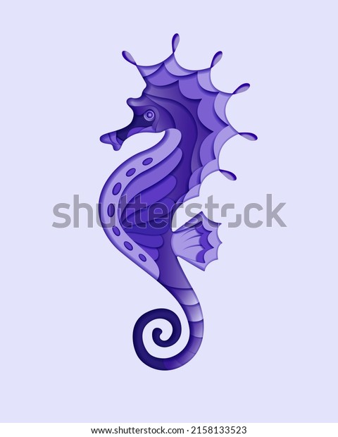 Seahorse in paper cut style. Tropical fish,\
aquatic organism. Nautical concept for aquarium, diving courses,\
ecotourism. Vector\
illustration.