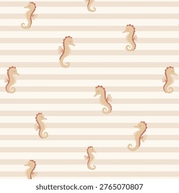 Seahorse Pattern with Beige Coastal Stripes – Soft Nautical Seamless Design for Nursery Textile, Beach Decor and Wrapping Paper