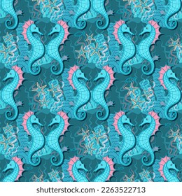 seahorse pattern. seamless pattern in nautical style. Underwater creatures, starfish, seahorse, corals, fish. nautical, nautical endless wallpaper, background. Hand drawn style.